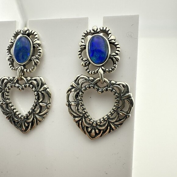 Carolyn Pollack Earrings Heart Blue Opal Te Amo Drop Sterling Silver 925 Scroll - Picture 9 of 10